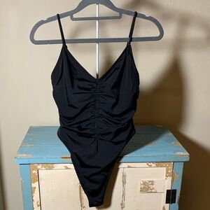 La Hearts Black Ruched One-Piece Swimsuit. Size Medium
